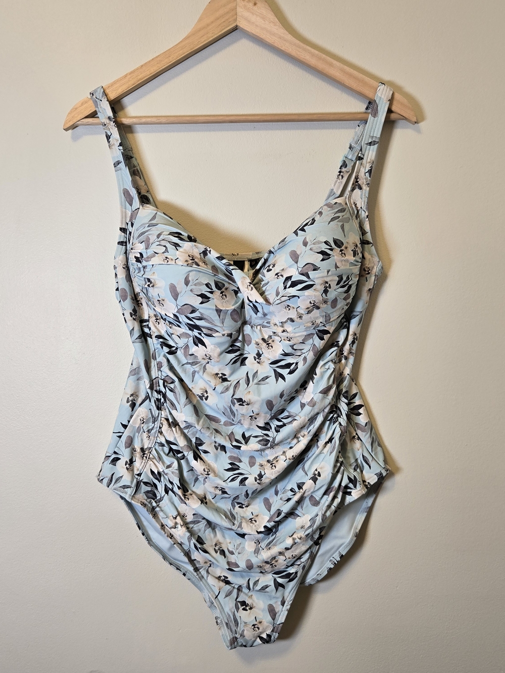 Light Blue Floral One-Piece Swimsuit with Supportive Ruching